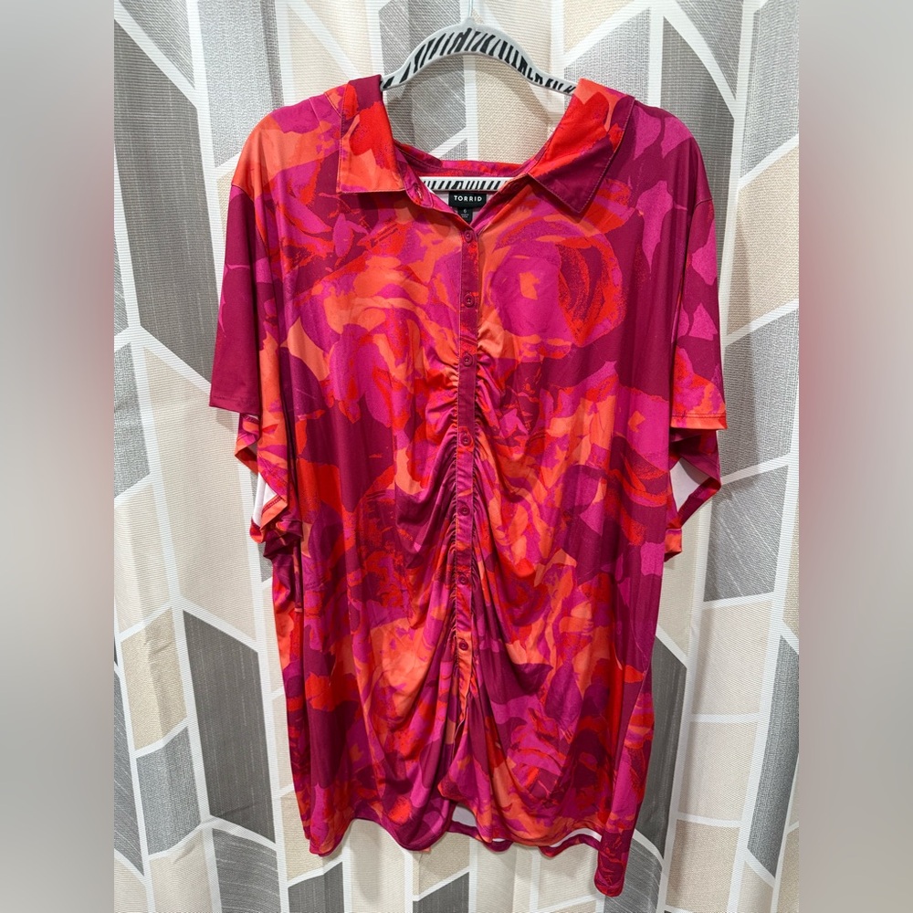 Torrid Red and Pink Floral Blouse